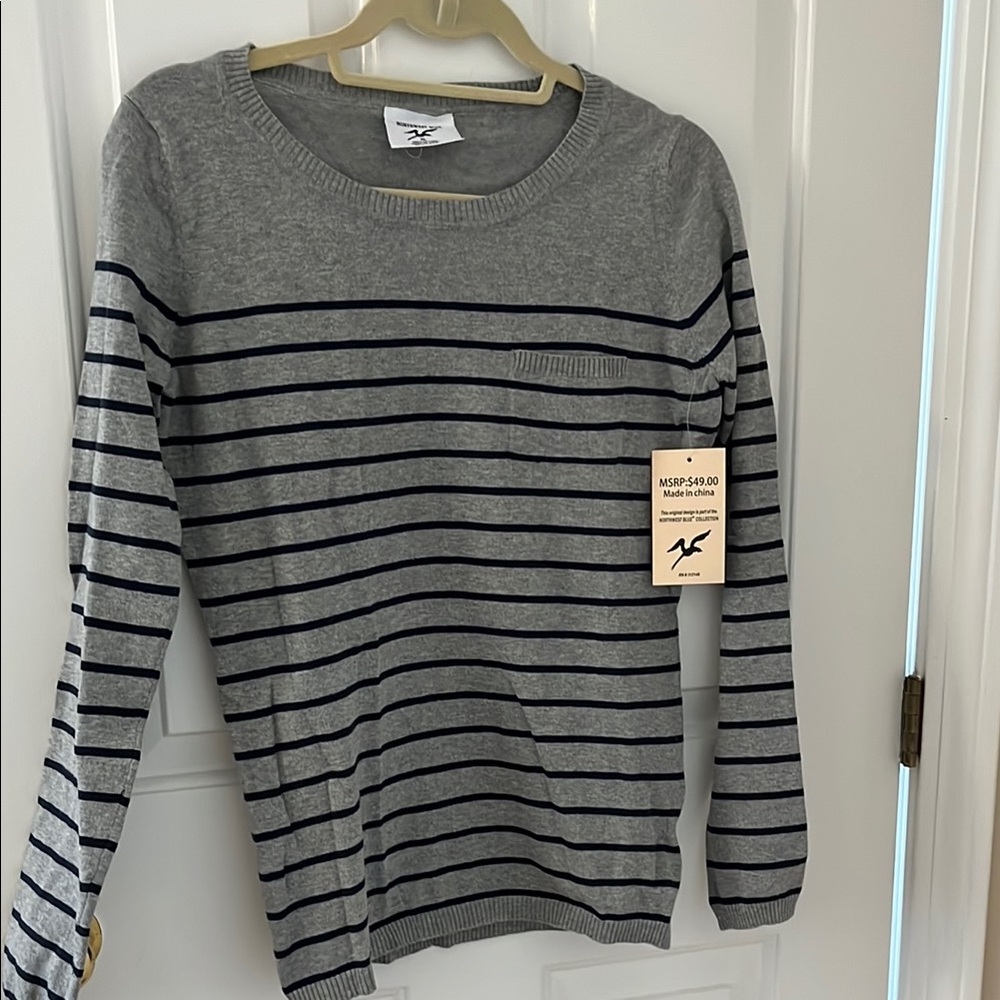 Gray and Navy Striped Sweater. Size XL. NWT